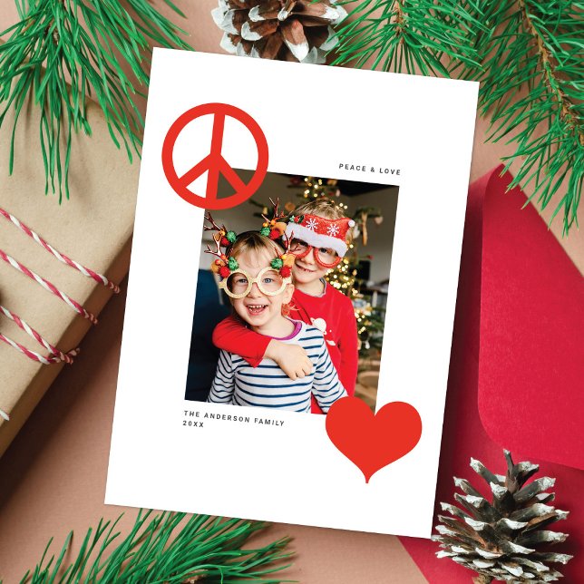 Modern Chic Peace & Love Customisable Colour Photo Holiday Card (Creator Uploaded)