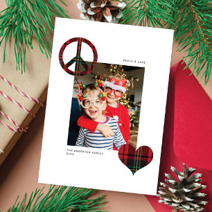 Modern Chic Peace & Love Red Tartan 1 Photo  Holiday Card