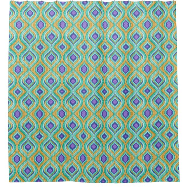 Modern Chic Peacock Feather Ikat Pattern Shower Shower Curtain (Front)
