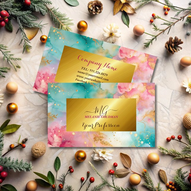 modern chic pink blue gold foil business card (Creator Uploaded)