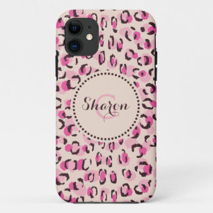 Modern chic pink cheetah print pattern monogram iPhone 11 case