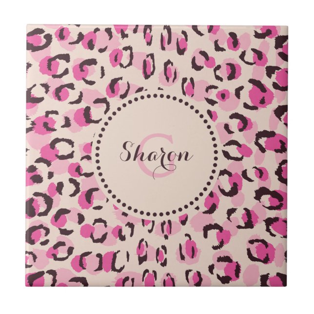 Modern chic pink cheetah print pattern monogram ceramic tile (Front)