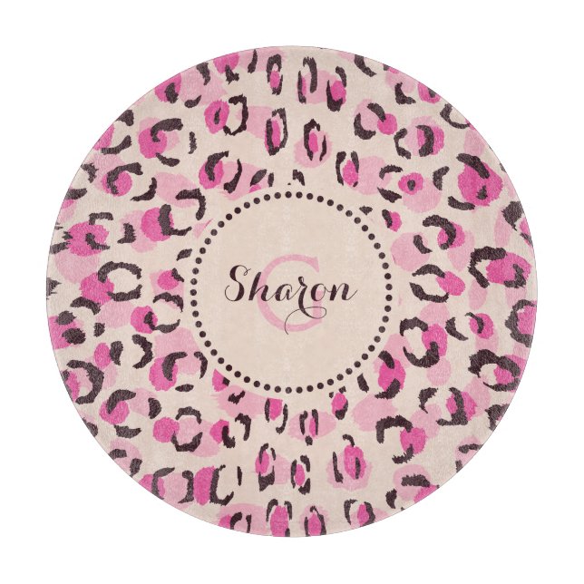 Modern chic pink cheetah print pattern monogram cutting board (Front)