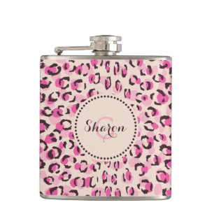 Modern chic pink cheetah print pattern monogram hip flask