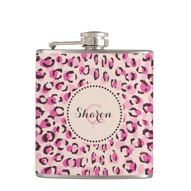 Modern chic pink cheetah print pattern monogram hip flask (Front)