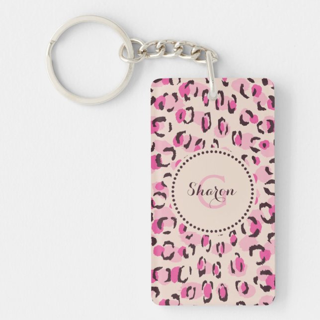 Modern chic pink cheetah print pattern monogram key ring (Front)