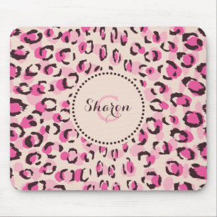 Modern chic pink cheetah print pattern monogram mouse pad