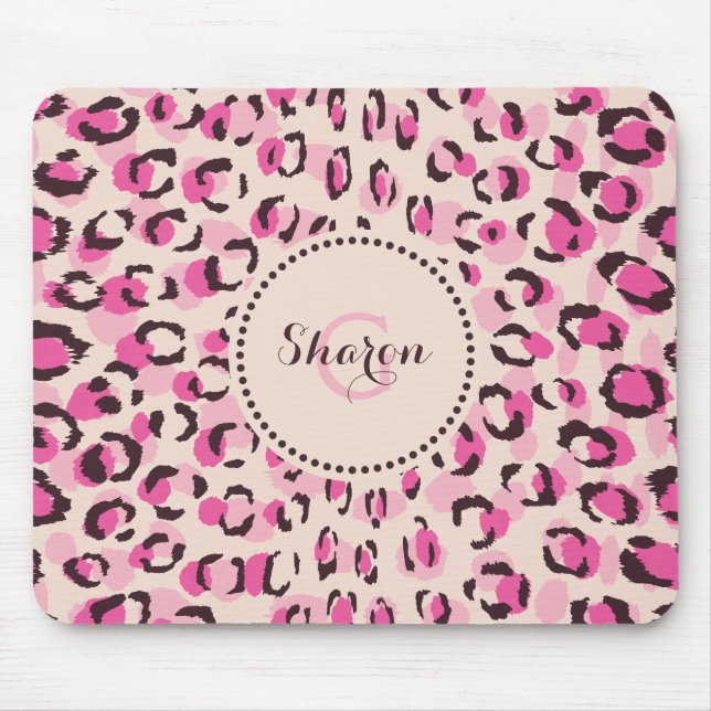 Modern chic pink cheetah print pattern monogram mouse pad (Front)