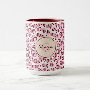 Modern chic pink cheetah print pattern monogram mug