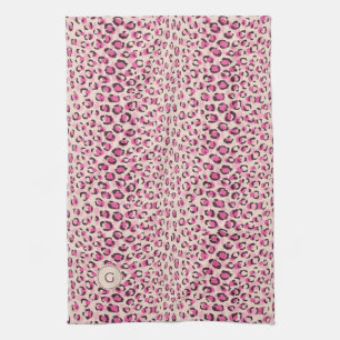 Modern chic pink cheetah print pattern monogram tea towel