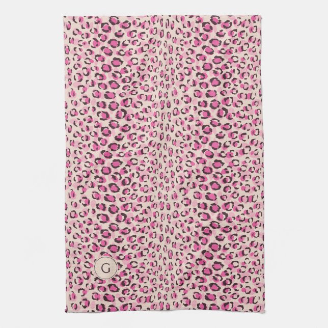 Modern chic pink cheetah print pattern monogram tea towel (Vertical)