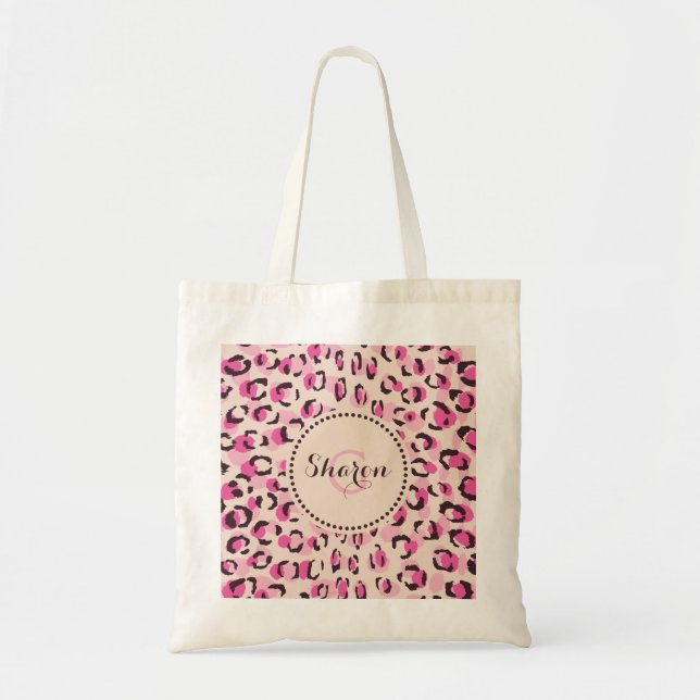 Modern chic pink cheetah print pattern monogram tote bag (Front)