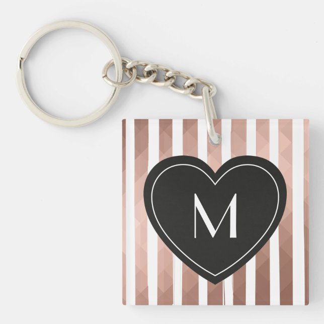 Modern chic pink gold stripes black heart monogram key ring (Front)