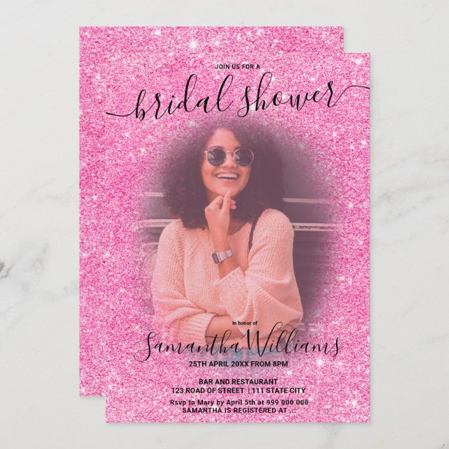 Modern chic pink pink glitter photo bridal shower invitation (Front/Back)