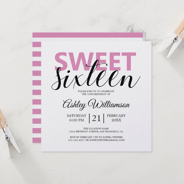 Modern Chic Pink White Stripes Pink Sweet 16 Invitation (Front/Back In Situ)