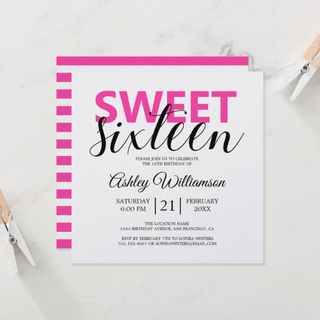 Modern Chic Pink White Stripes Pink Sweet 16 Invitation (Front/Back In Situ)