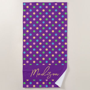 Modern Chic Polka Dots Personalised Purple Beach Towel