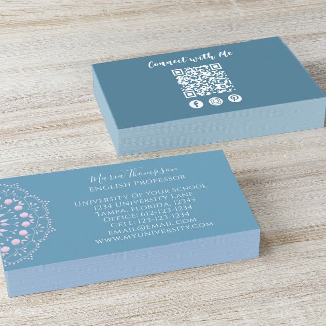 Modern Chic Professional QR Code Social Media Blue Business Card (Creator Uploaded)