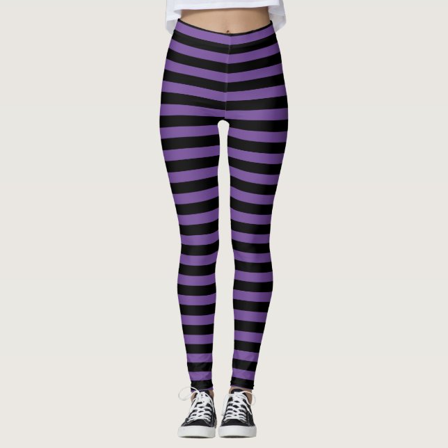 Modern Chic Purple and Black Striped Witch Leggings (Front)