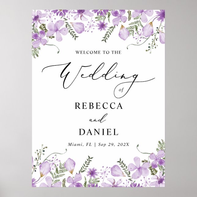 Modern Chic Purple Floral Wedding Welcome Sign  (Front)