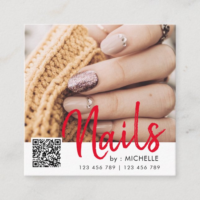 Modern chic QR code nails photo business cards (Front)