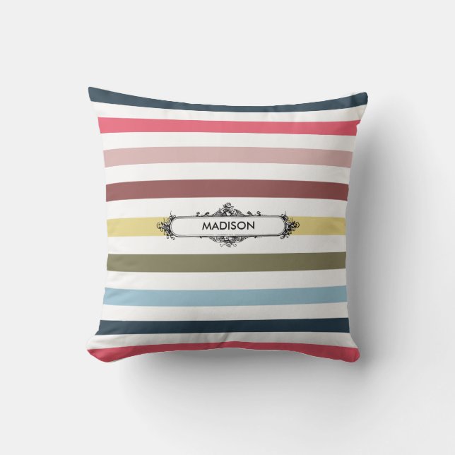 Modern Chic Rainbow Stripes With Elegant Name Cushion (Front)