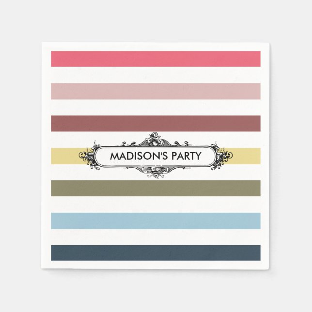 Modern Chic Rainbow Stripes With Party Name Napkin (Front)