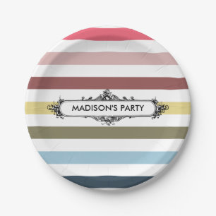 Modern Chic Rainbow Stripes With Party Name Paper Plate