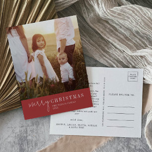Modern Chic Red Christmas Photo Year in Review Holiday Postcard