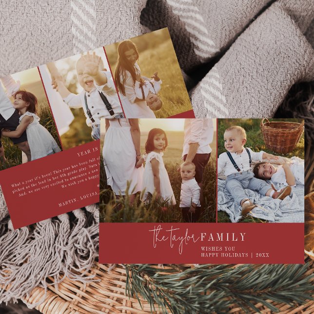 Modern Chic Red Family Photo Collage Newsletter Holiday Card (Creator Uploaded)