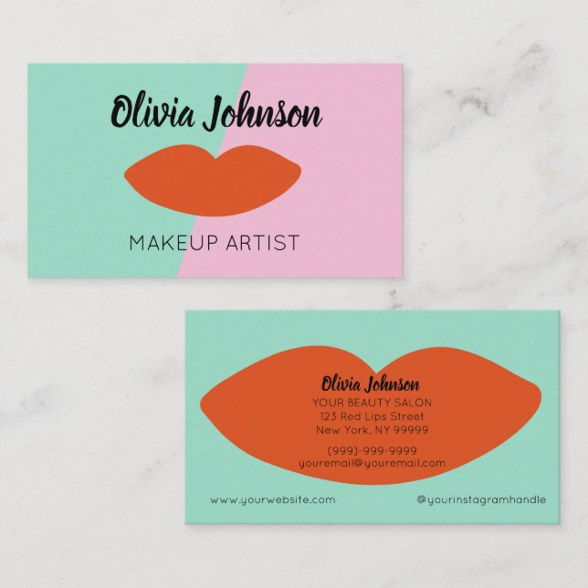 Modern Chic Red Lips Beautician Minimal Mint Business Card (Front/Back)