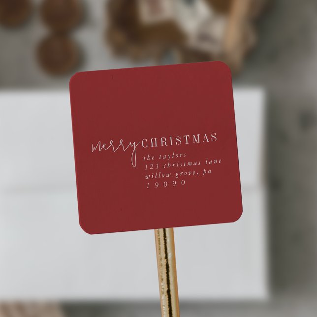 Modern Chic | Red Merry Christmas Return Address Square Sticker (Creator Uploaded)
