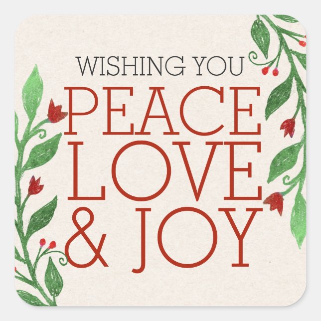 Modern Chic Red Peace Joy Love Christmas Holiday Square Sticker (Front)