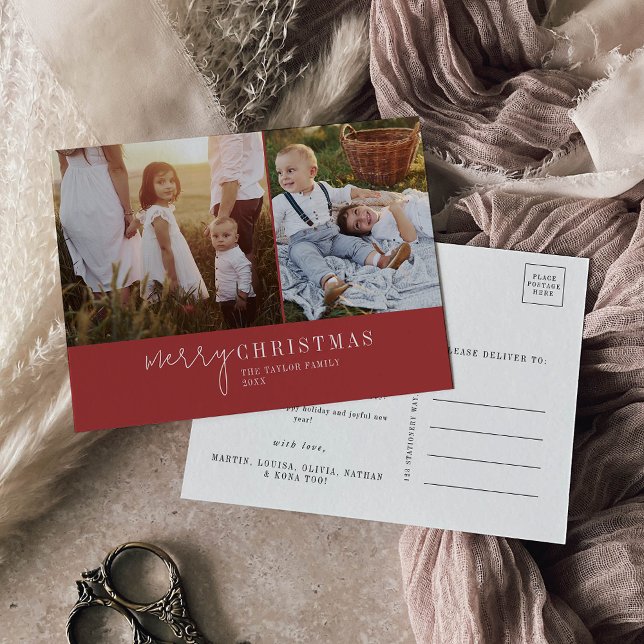 Modern Chic | Red Photo Collage Christmas News Holiday Postcard (Creator Uploaded)