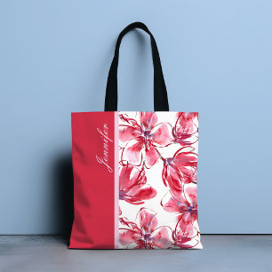 Modern Chic Red Tropical Floral Personalised Name Tote Bag
