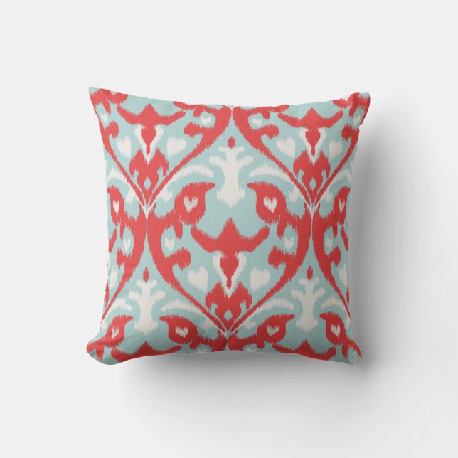 Modern chic red turquoise ikat pillow (Front)