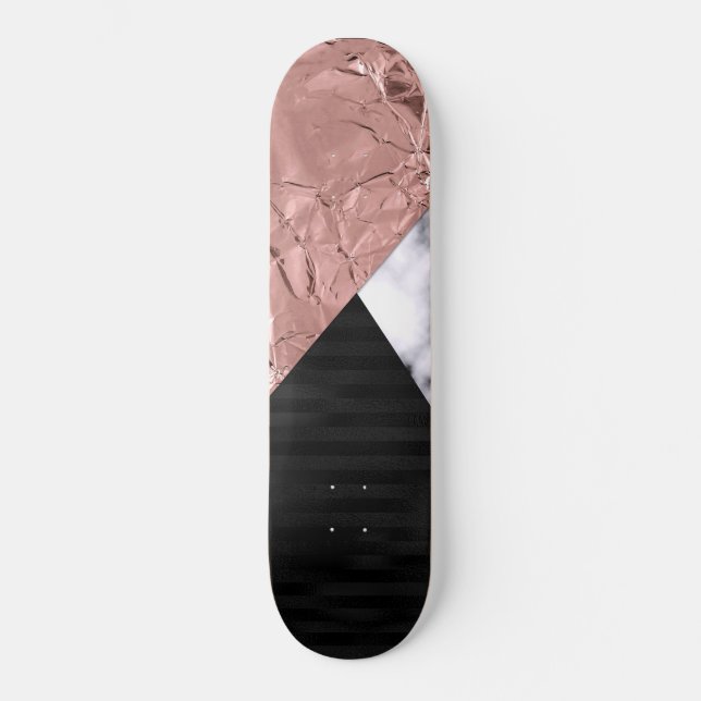 Modern Chic Rose Gold Black Marble Geometric Skateboard (Front)