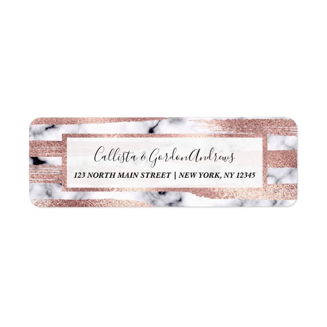 Modern Chic Rose Gold Brushstrokes Marble Return Address Label (Front)