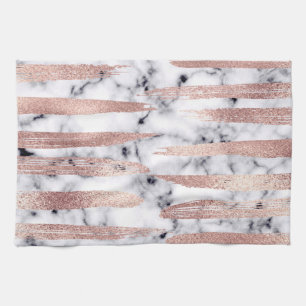 Modern Chic Rose Gold Brushstrokes Marble Tea Towel