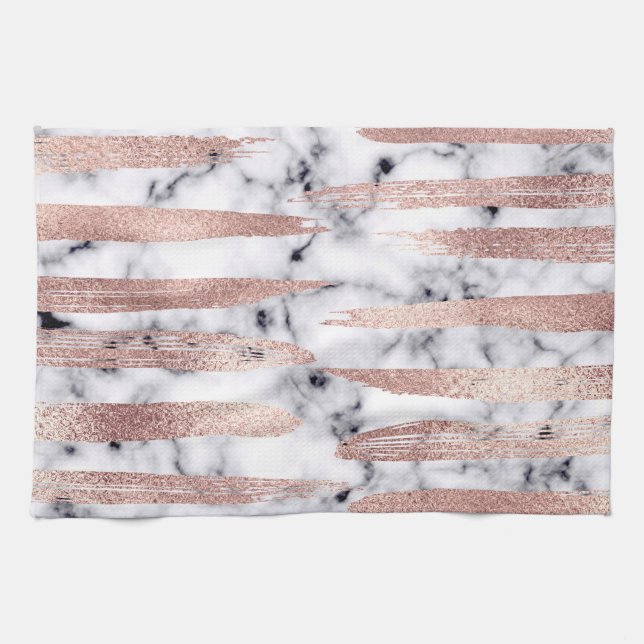 Modern Chic Rose Gold Brushstrokes Marble Tea Towel (Horizontal)