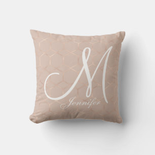 Modern chic Rose gold geometric hexagon monogram Cushion
