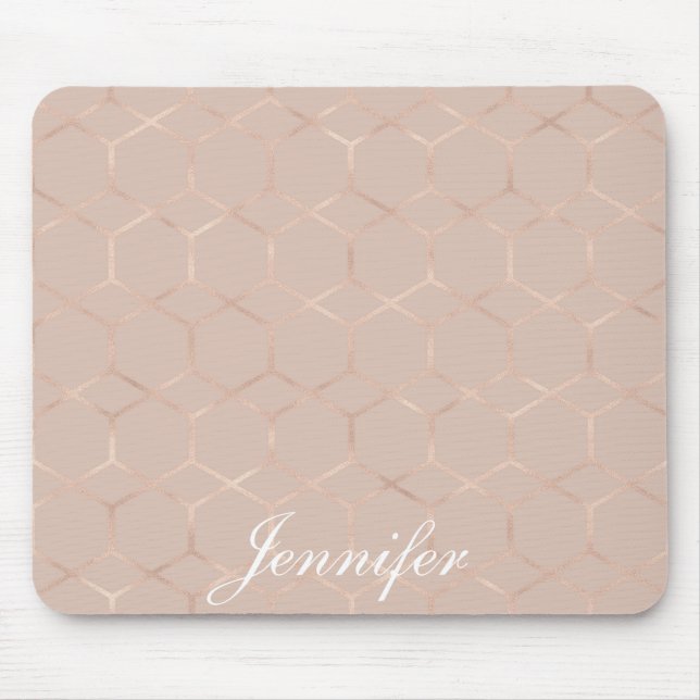 Modern chic Rose gold geometric hexagon your name Mouse Pad (Front)