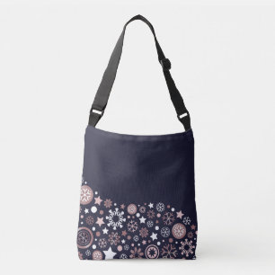 Modern chic rose gold snowflake on blue winter sky crossbody bag