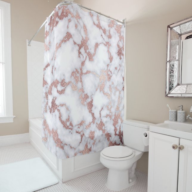 Modern Chic Rose Gold White Marble Stone Pattern Shower Curtain (In Situ)