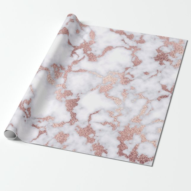 Modern Chic Rose Gold White Marble Stone Pattern Wrapping Paper (Unrolled)