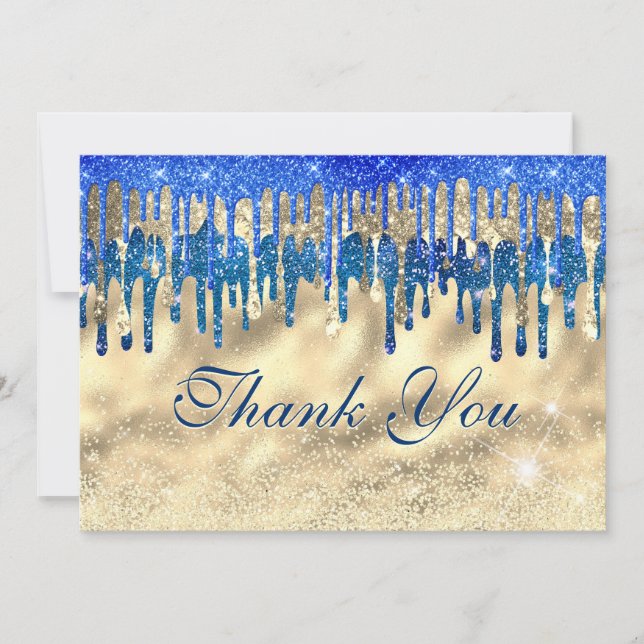 Modern Chic Royal Blue Gold Glitter Drips Thank You Card (Front)