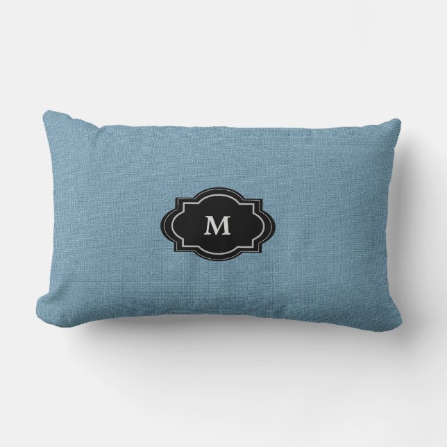 Modern Chic Rustic Blue Monogram faux burlap Lumbar Cushion (Front)