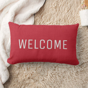 Modern chic rustic red faux burlap Welcome pillow