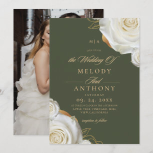 Modern Chic Sage Green White Rose Wedding Invitation
