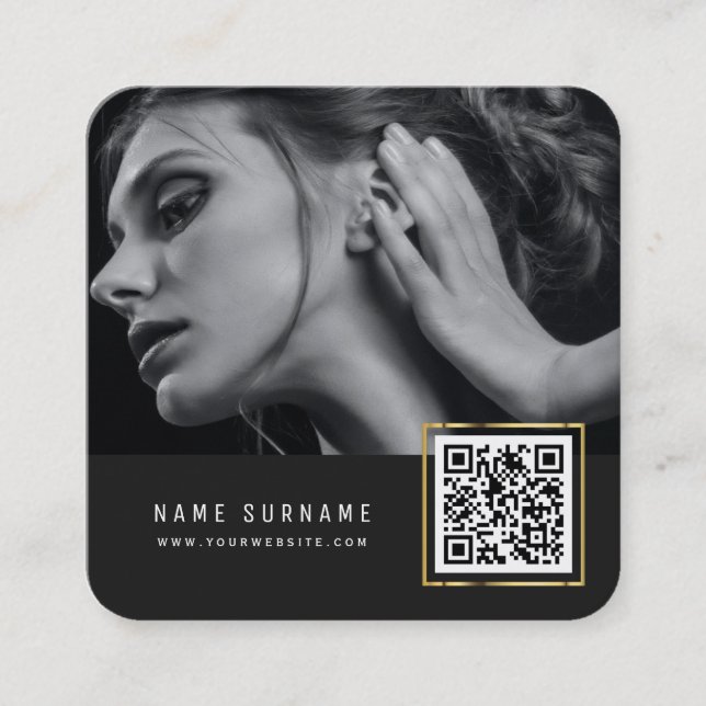 modern chic scannable barcode QR code photo Square Business Card (Front)